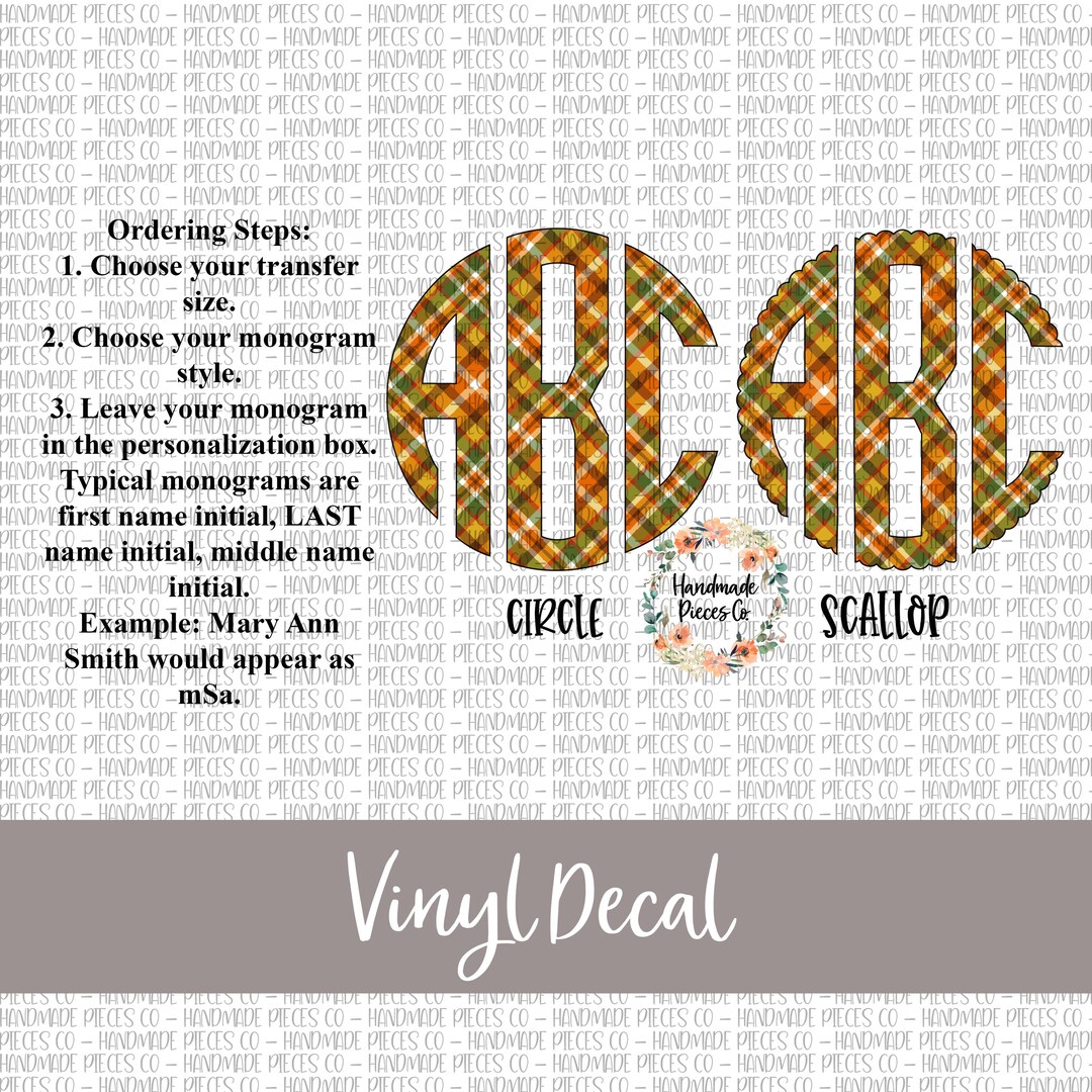 Plaid Monogram Decal, Fall Monogram, Monogram Decal, Vinyl Monogram ...