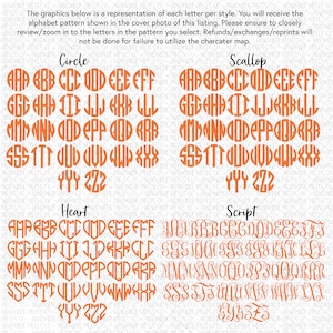 Puede incluir: Un gr&aacute;fico que muestra diferentes estilos de letras de monograma en cuatro dise&ntilde;os: c&iacute;rculo, vieira, coraz&oacute;n y escritura. Cada estilo muestra el alfabeto en naranja.