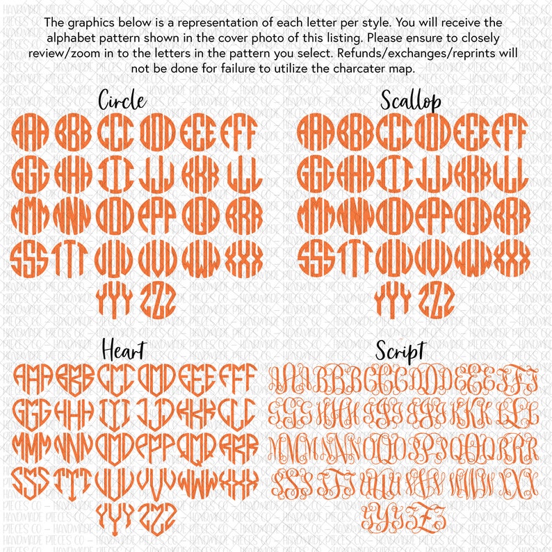 Puede incluir: Un gr&aacute;fico que muestra diferentes estilos de letras de monograma en cuatro dise&ntilde;os: c&iacute;rculo, vieira, coraz&oacute;n y escritura. Cada estilo muestra el alfabeto en naranja.