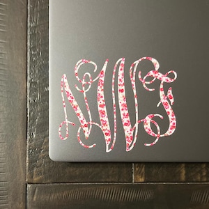 Puede incluir: Una calcomanía decorativa que presenta un monograma estilizado de las letras N, W y F en letra cursiva. Las letras están rellenas con un patrón denso de pequeñas flores rosas y rojas sobre un fondo blanco, aplicado sobre una superficie gris oscuro.