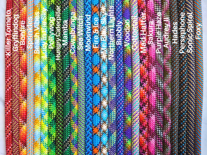 May include: A close-up of 25 different colorful rope designs with names written below each rope. The rope designs include various patterns and colors, such as red, blue, green, yellow, orange, purple, pink, and black.