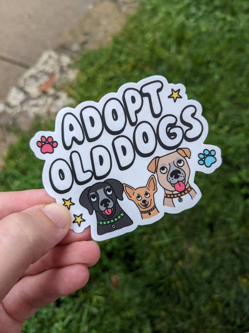 Adopt Old Dogs Weather-Resistant Sticker, Dog Adoption Decal, Dog Lover Water Bottle Sticker, Senior Rescue Dog Sticker image 1