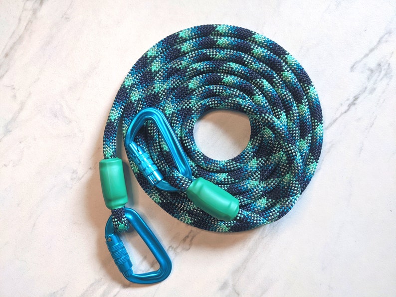 May include: A blue and green rope dog leash with a blue metal clip and green plastic handles.
