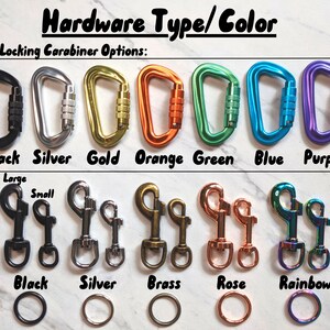 May include: Hardware options for a leash or dog collar, including auto-locking carabiners in black, silver, gold, orange, green, blue, and purple. Snap hooks are also shown in black, silver, brass, rose gold, and rainbow.
