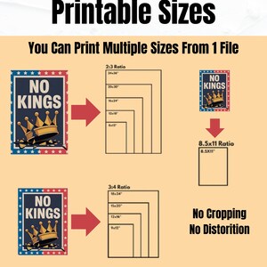 May include: An image with the text "Printable Sizes" and "You Can Print Multiple Sizes From 1 File". It shows a design with a crown and the words "NO KINGS" in a red, white, and blue border, with size ratios and dimensions in inches.