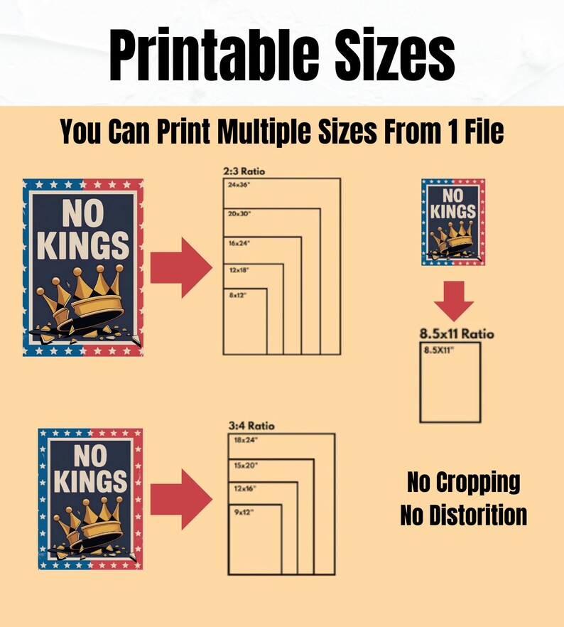 May include: An image with the text "Printable Sizes" and "You Can Print Multiple Sizes From 1 File". It shows a design with a crown and the words "NO KINGS" in a red, white, and blue border, with size ratios and dimensions in inches.