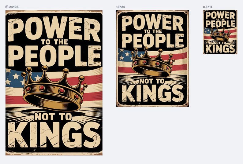 May include: Vintage-style metal sign with the text "POWER TO THE PEOPLE" and "NOT TO KINGS." The design features a gold crown over an American flag. The sign is available in multiple sizes.