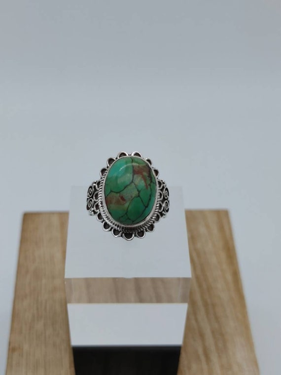 Green Hubei Turquoise and sterling silver ring, Si