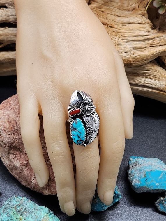 Native American Coral and Turquoise Sterling silv… - image 1