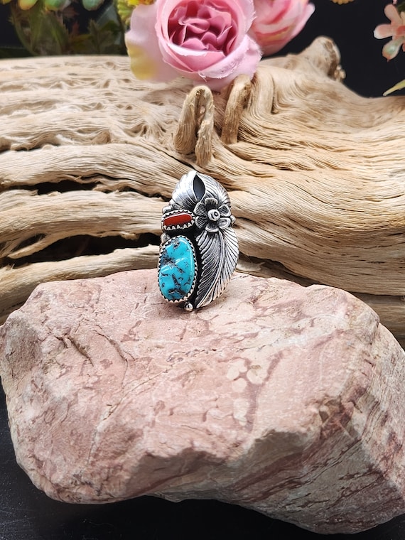 Native American Coral and Turquoise Sterling silv… - image 3