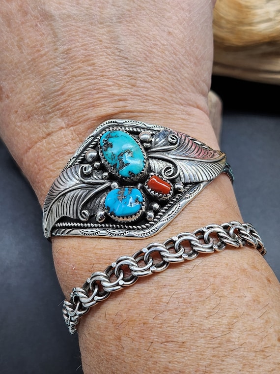 Native American Coral and Turquoise Sterling silv… - image 6