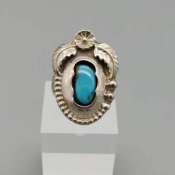 Large Vintage Navajo Signed,  Shadow Box Ring, Unisex, Blue Turquoise set in Sterling Silver, size 12.  R114