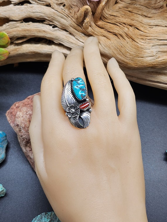 Native American Coral and Turquoise Sterling silv… - image 2