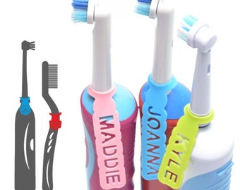 Étiquettes personnalisées en silicone pour brosse à dents. Etiquettes personnalisées pour l'organisation de la salle de bain. Durable et réutilisable. Lot de 2. Idéal pour les familles