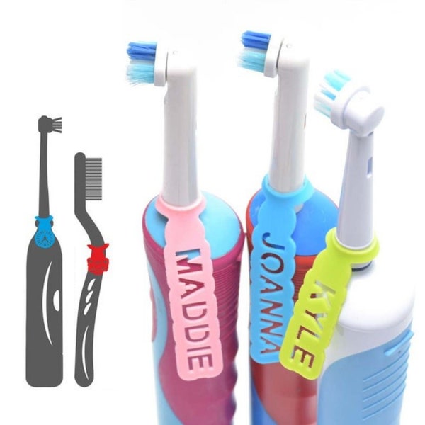 Etiquetas personalizadas de silicona para cepillos de dientes. Etiquetas de nombre personalizadas para la organización del baño. Duradero y reutilizable. Pack de 2. Ideal para familias.