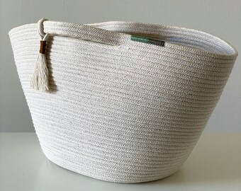 Green Rope Handbag | Hand Woven Natural Cotton Rope Summer Bag | Natural Mediterranean Beach Basket with Handles | Medium Sized | Handmade