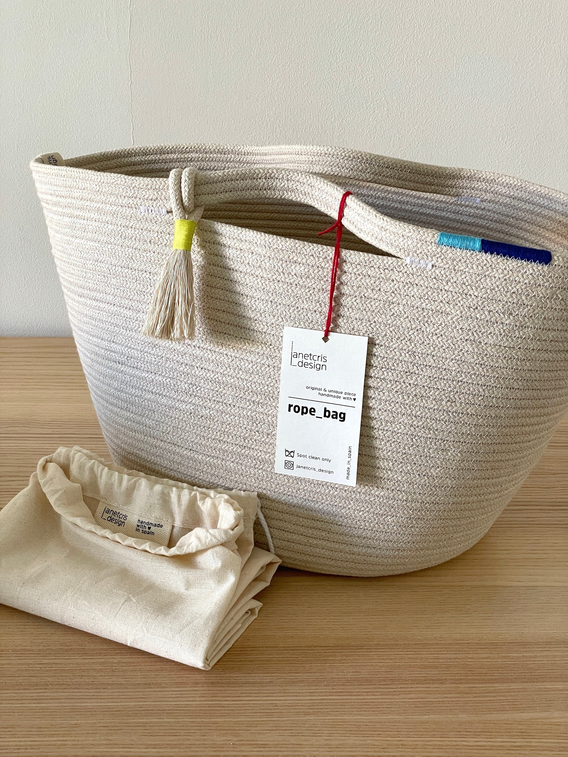 Blue Rope Handbag | Hand Woven Natural Cotton Rope Summer Bag | Natural Mediterranean Beach Basket with Handles | Medium Sized | Handmade