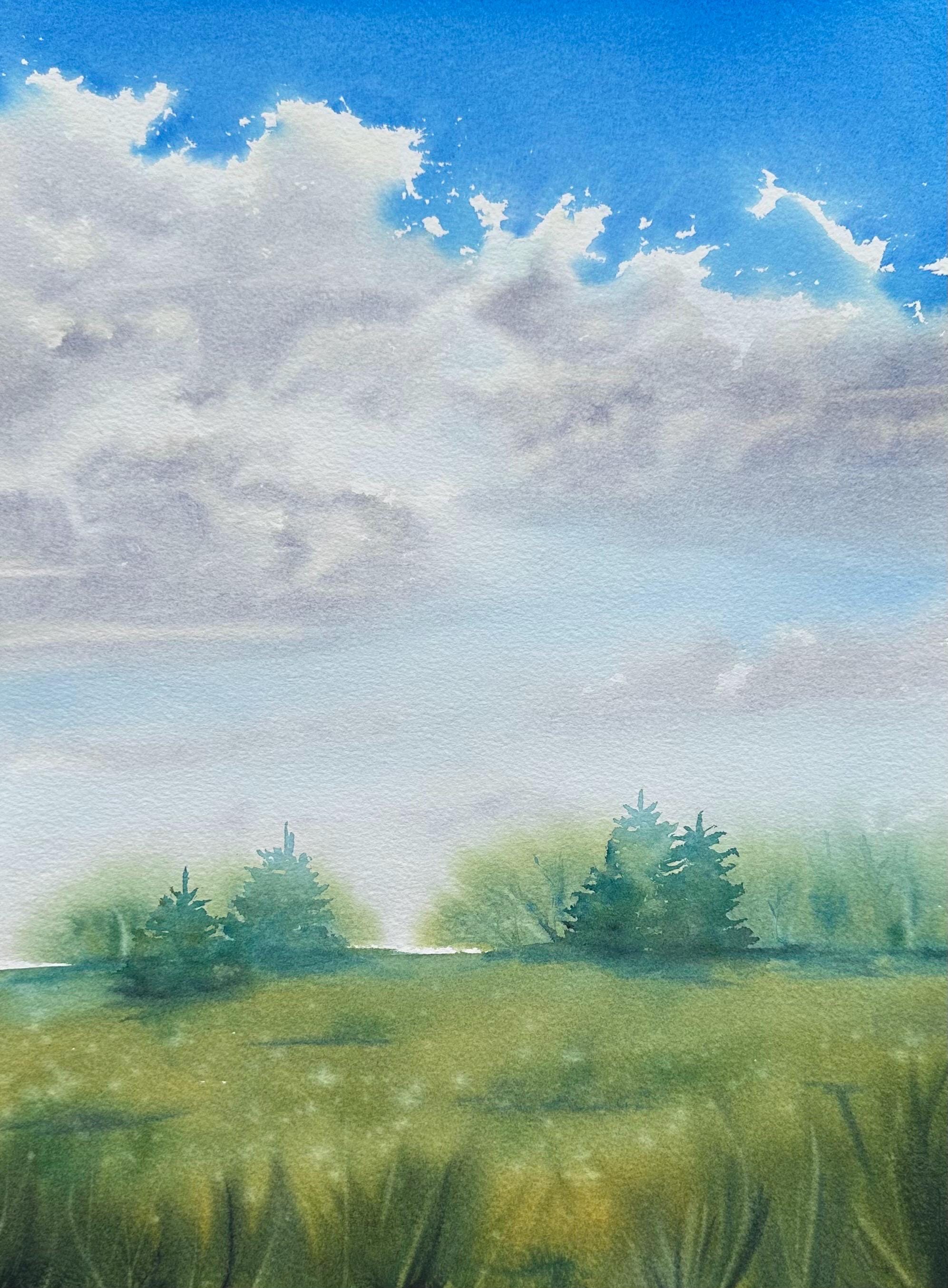 オリジナル水彩風景画：夏の野原と空 - 31 x 41 cm - Etsy 日本