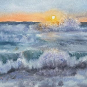 Sunset Waves Original Watercolor Painting – Ocean Seascape Art 31x41cm – Coastal Wall Art – Signed Sea Painting