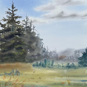 オリジナル水彩風景画：夏の野原と空 - 31 x 41 cm - Etsy 日本