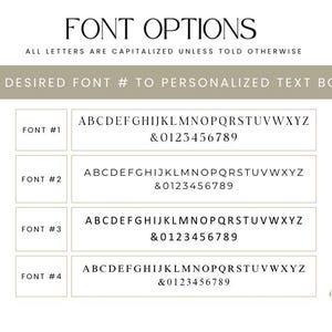 May include: Font options graphic with four font choices, each displaying the alphabet and numbers. The text "FONT OPTIONS" is at the top, with instructions to add the desired font number to a personalized text box. The fonts are labeled Font #1 through Font #4.