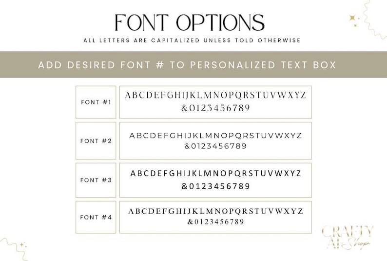 May include: Font options graphic with four font choices, each displaying the alphabet and numbers. The text "FONT OPTIONS" is at the top, with instructions to add the desired font number to a personalized text box. The fonts are labeled Font #1 through Font #4.