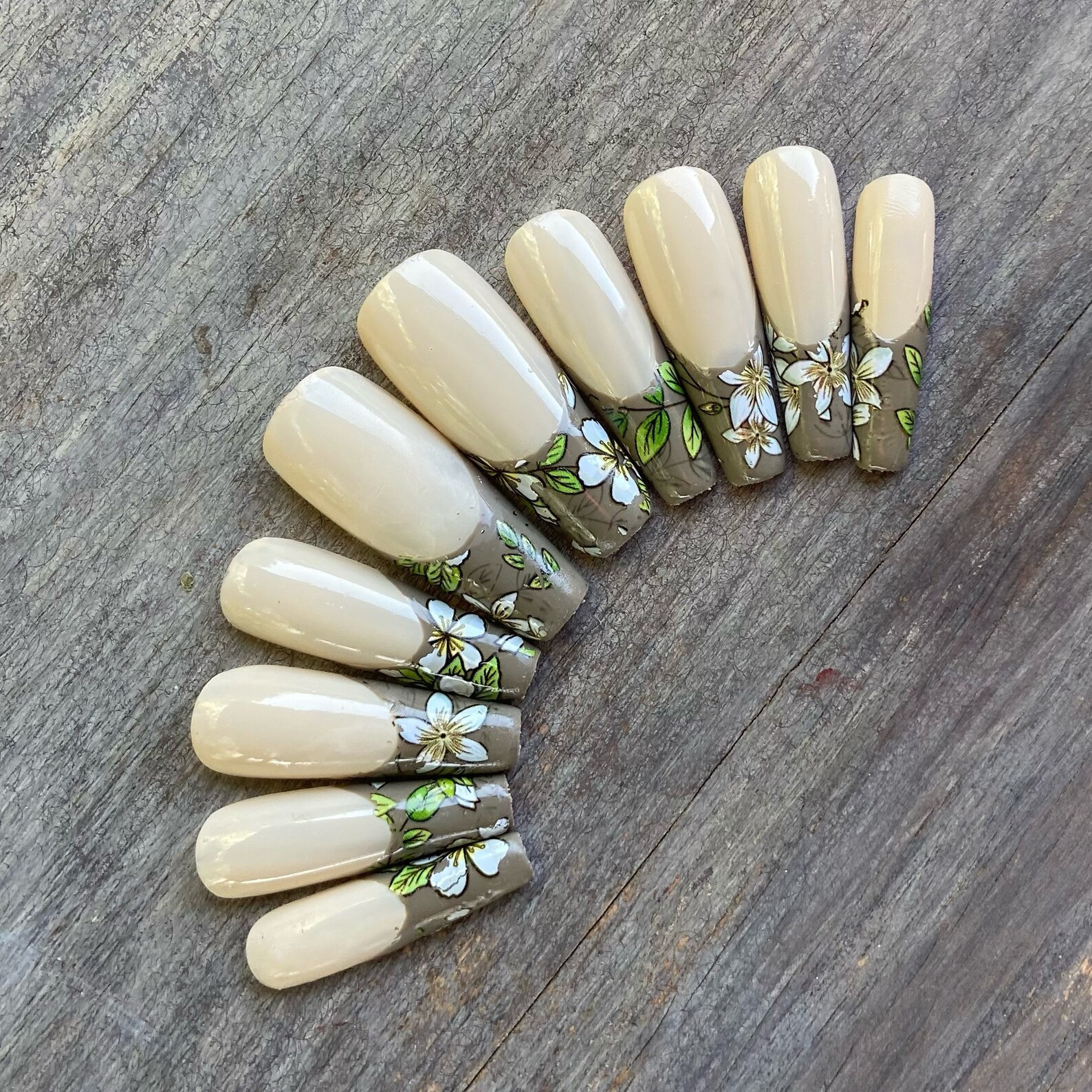 Flower French Tip Nails Dark Sage Green/Gray Long Coffin | Etsy