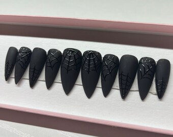 Matte Black Spider Web  XXL Stiletto Press On Nails | Halloween Nails