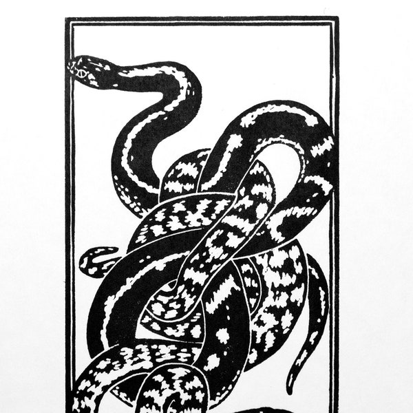 Five of Wands - Linoleum Block Print. Handmade, Original, Limited Edition. California King Snake Linoprint, Snake Knot Tarot Wall Art 9x12