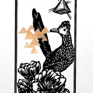 Roadrunner Linocut Print: Handmade Desert Bird Wall Art with Copper Foil