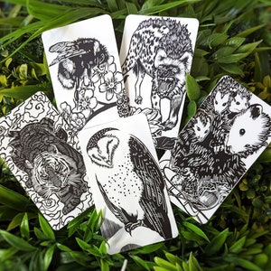 Pegatinas de animales en blanco y negro: búho, abejorro, tigre, zarigüeya, hiena ilustrado impermeable mate vinilo portátil pegatina ventana parachoques teléfono calcomanía