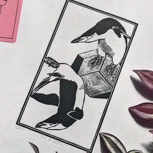 Original Penguin Linoprint. Handmade, Limited Edition Linoleum Block Print. Chinstrap Penguin Linoprint, Antarctica Bird Wall Art 9x12