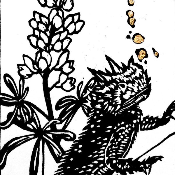 Seven of Wands - Linoleum Block Print. Texas Horned Lizard Linoprint, Lupine Tarot Art Print 9x12