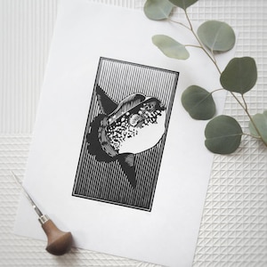 Sunfish Linoprint: Handmade Limited Edition Linoleum Block Print (9x12)