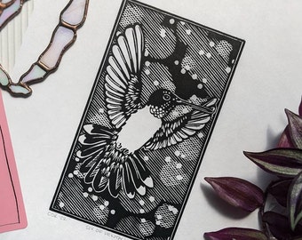 Hummingbird Linocut Print: Dark Goth Tarot Art, Limited Edition