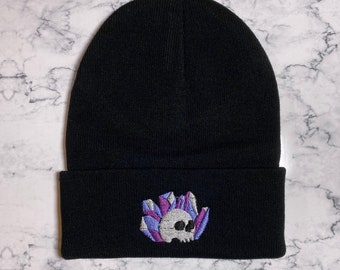 Skull and Crystals Embroidered Beanie