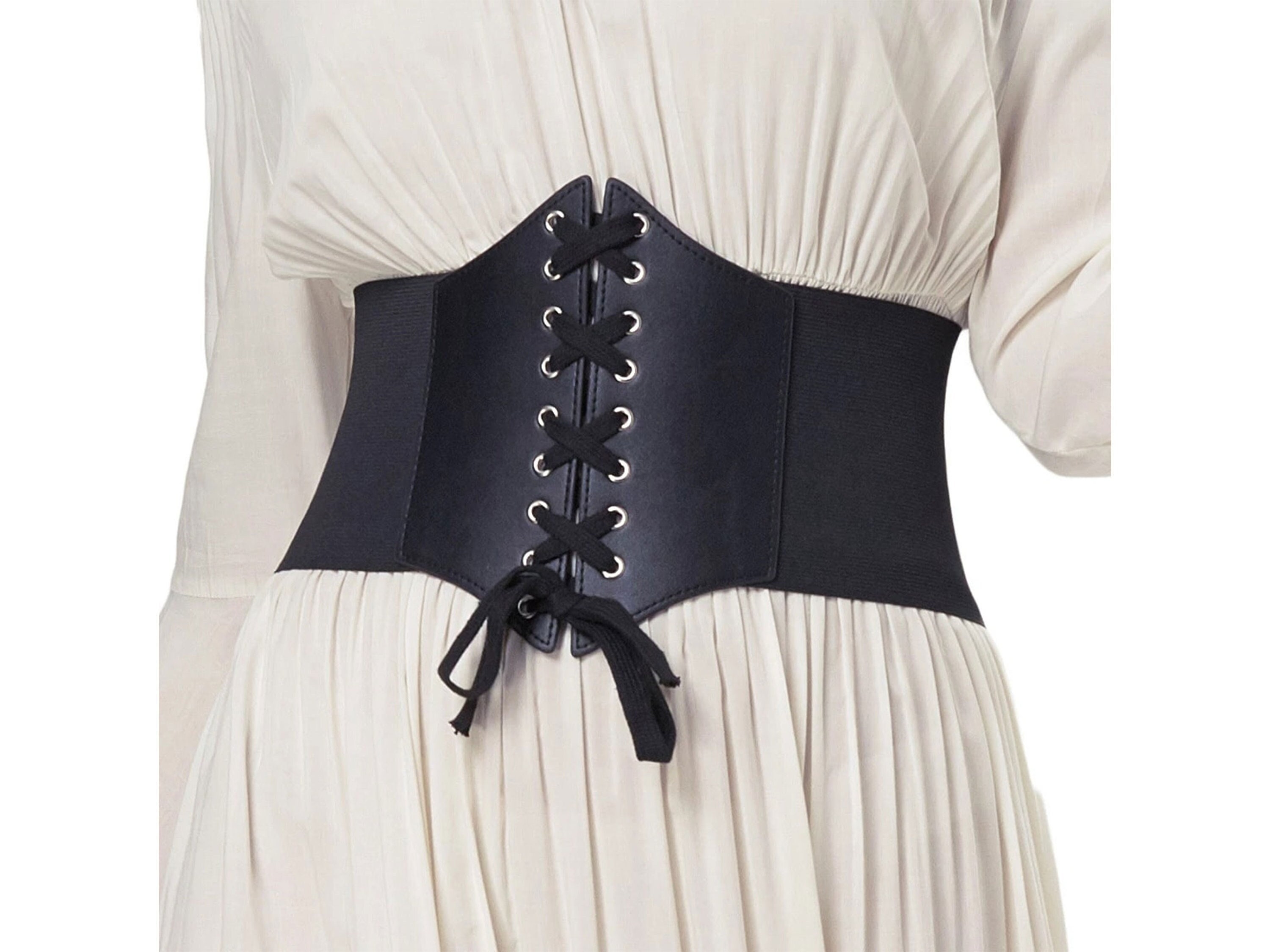 LUCHENGYI Women Stretchy Vintage Belt for Dresses Elastic Waist Wide Cinch  Metal Buckle Ladies Belts Black White Plus Size 3 inch Wide Apricot M