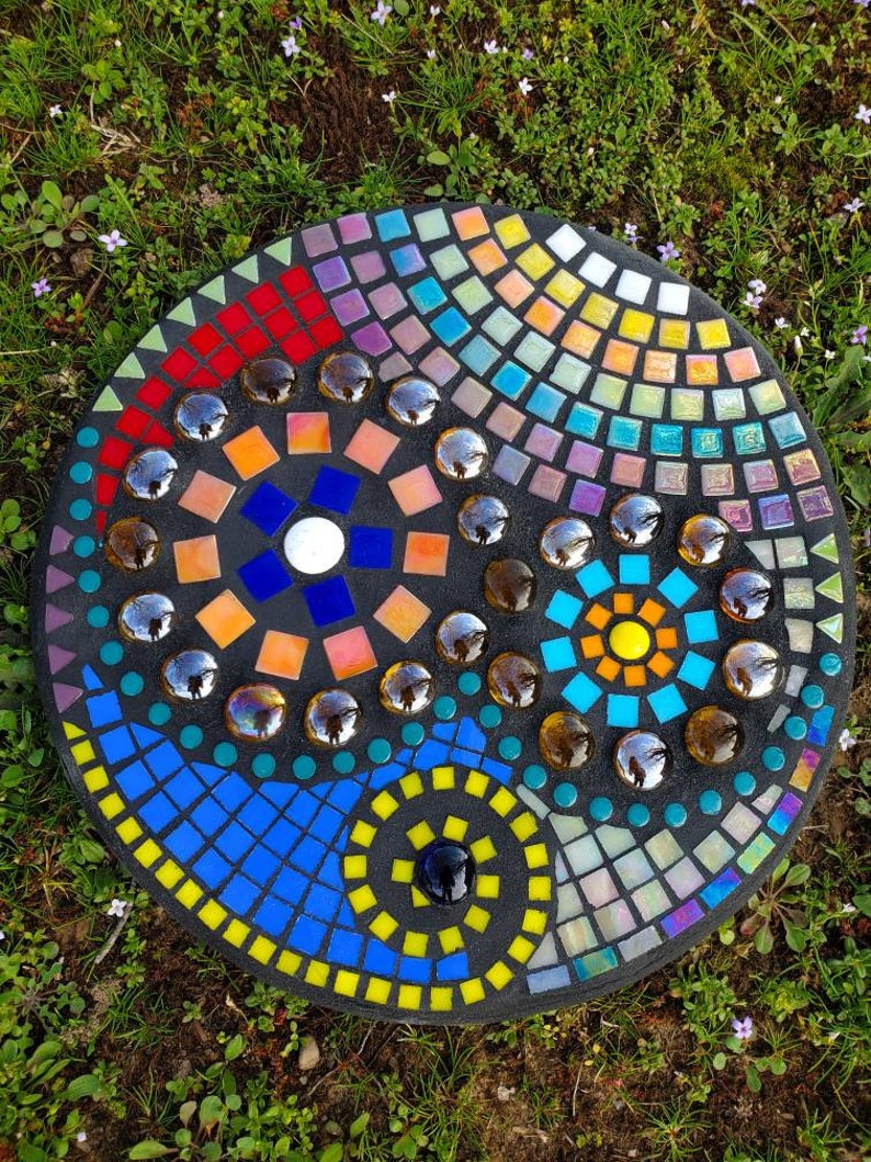 Round Colorful Mosaic Garden Stepping Stone Etsy