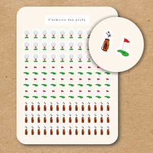 May include: A sheet of white stickers with a variety of golf-themed designs. The designs include golf balls, golf flags, and golf bags. The sheet is titled "L'armoire des profs".
