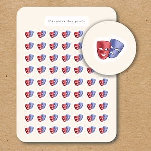 Peut inclure: Une feuille d'autocollants avec un motif répété de masques de théâtre rouge et bleu. Les masques sont un symbole traditionnel de la comédie et de la tragédie. Le texte "L'armiore des profs" est imprimé en haut de la feuille.