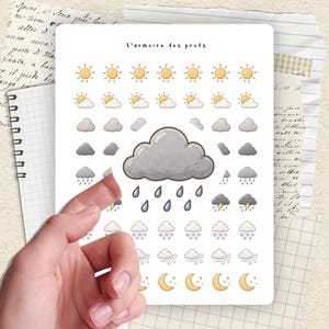 Peut inclure: Une feuille d'autocollants sur le thème de la météo avec des soleils, des nuages, de la pluie, de la neige et des lunes. Le texte "L'armoire des profs" est en haut. Les autocollants sont de couleurs jaune, grise et blanche.