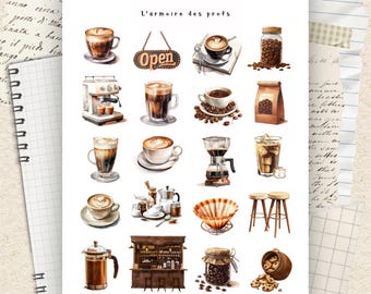 Pegatinas para planificador de café, pegatinas con estética de cafetería, pegatinas para amantes de los libros, iconos acogedores de café, hoja de pegatinas para diario de lectura