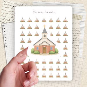 May include: A sheet of stickers featuring a watercolor illustration of a church with a cross on top. The stickers are arranged in a grid pattern, with the text "L'armoire des profs" at the top. The stickers are held by a hand.