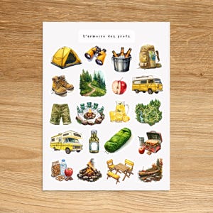 CAMPING Travel Outdoor Hiking Sticker Sheet, Nature Adventure Glamping Happy Camper Forest Scrapbooking Junk Journal Stickers