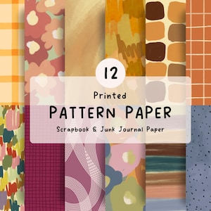 May include: A collection of 12 printed pattern papers for scrapbooking and junk journaling, featuring diverse designs including orange plaid, floral motifs, abstract brushstrokes, geometric shapes, grid patterns, and wavy lines in warm, earthy colour palettes.