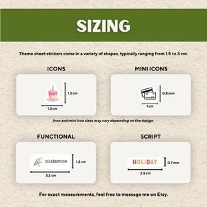 May include: Image showing sticker sizing information. The text "SIZING" is at the top. The image includes examples of sticker shapes and sizes, including a cake icon (1.3 cm), a credit card icon (1 cm), and the word "CELEBRATION" (3.2 cm).