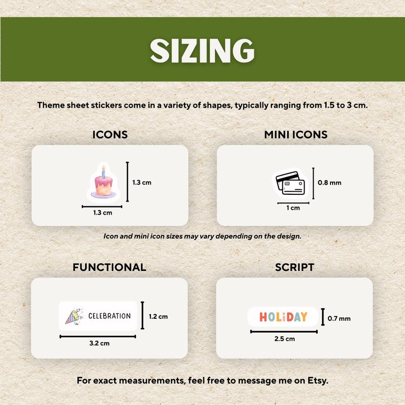 May include: Image showing sticker sizing information. The text "SIZING" is at the top. The image includes examples of sticker shapes and sizes, including a cake icon (1.3 cm), a credit card icon (1 cm), and the word "CELEBRATION" (3.2 cm).