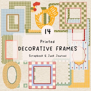 Peut inclure: Un ensemble de 14 cadres décoratifs imprimés pour le scrapbooking et le junk journal. Les cadres présentent divers motifs tels que des carreaux, des rayures, des pois et des fleurs dans des tons vert, bleu, jaune et rouge, avec un motif de coq.