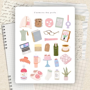 May include: An illustrated collection of everyday items, including a jacket, coffee, face mask, e-reader, candle, book, glasses, skincare products, laptop, cake, and a potted plant. The text "L'armoire des profs" is visible at the top.
