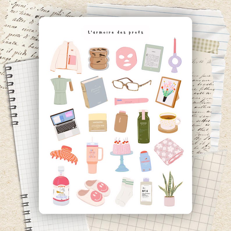 May include: An illustrated collection of everyday items, including a jacket, coffee, face mask, e-reader, candle, book, glasses, skincare products, laptop, cake, and a potted plant. The text "L'armoire des profs" is visible at the top.
